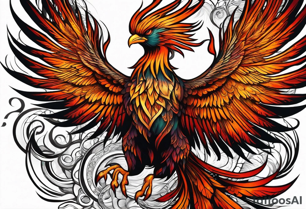 Tattoo: A powerful, majestic phoenix, depicted mid-flight or rising, with wings extended and feathers flowing. Deep shading and intricate details to bring out the texture and motion of the feathers. tattoo idea