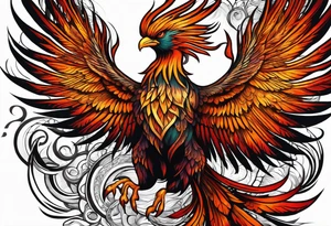 Tattoo: A powerful, majestic phoenix, depicted mid-flight or rising, with wings extended and feathers flowing. Deep shading and intricate details to bring out the texture and motion of the feathers. tattoo idea