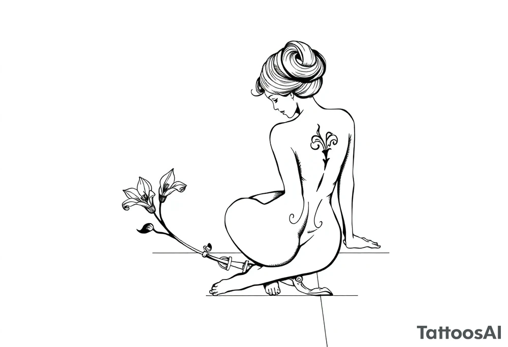 A simple tile floor with a minimalist, almost abstract curled figure sitting on the floor with a lily next to her tattoo idea