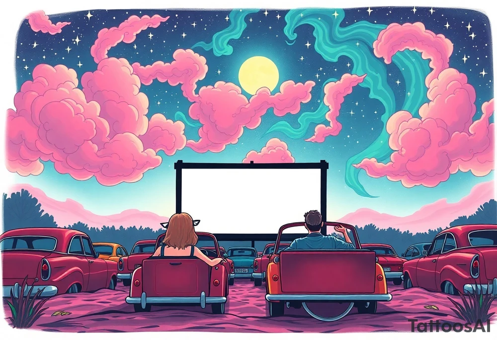 Tim Burton’s 40s drive in movie from outside view has lots of cute pastel vintage cars and couples watching the movie and dripping with muted reds, dusty pinks, and eerie green glow purple and cyan smokey clouds swirl and dance in the moonlit night sky filled with twinkling stars  tattoo idea tattoo idea