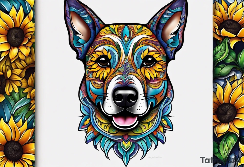 Alebrije dog face with sunflowers tattoo idea