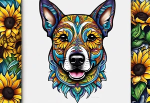 Alebrije dog face with sunflowers tattoo idea