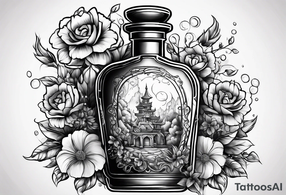 Broken potion bottle and flowers tattoo idea