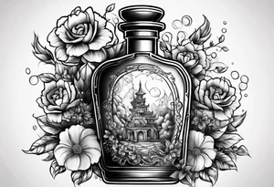 Broken potion bottle and flowers tattoo idea