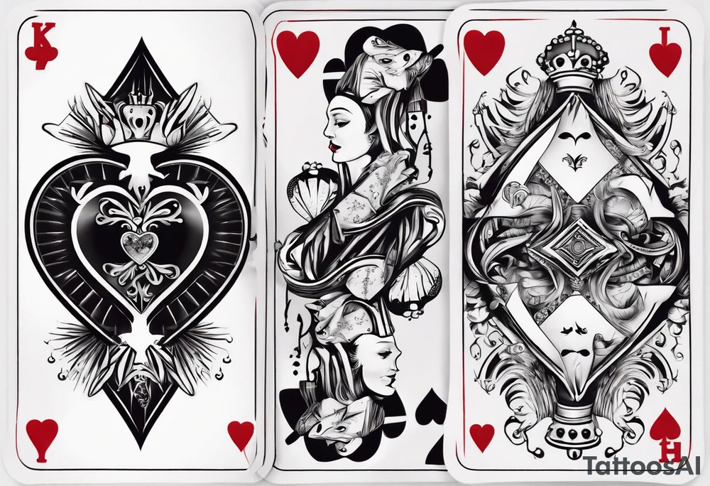 King of heart playing card with the queen of heart playing card around his arm tattoo idea