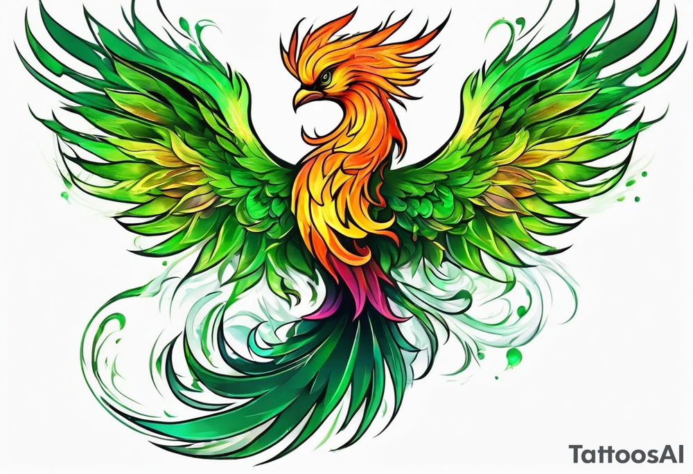 Phoenix Bright colours rising from green flames that destroyed it tattoo idea