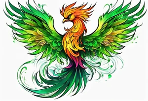 Phoenix Bright colours rising from green flames that destroyed it tattoo idea