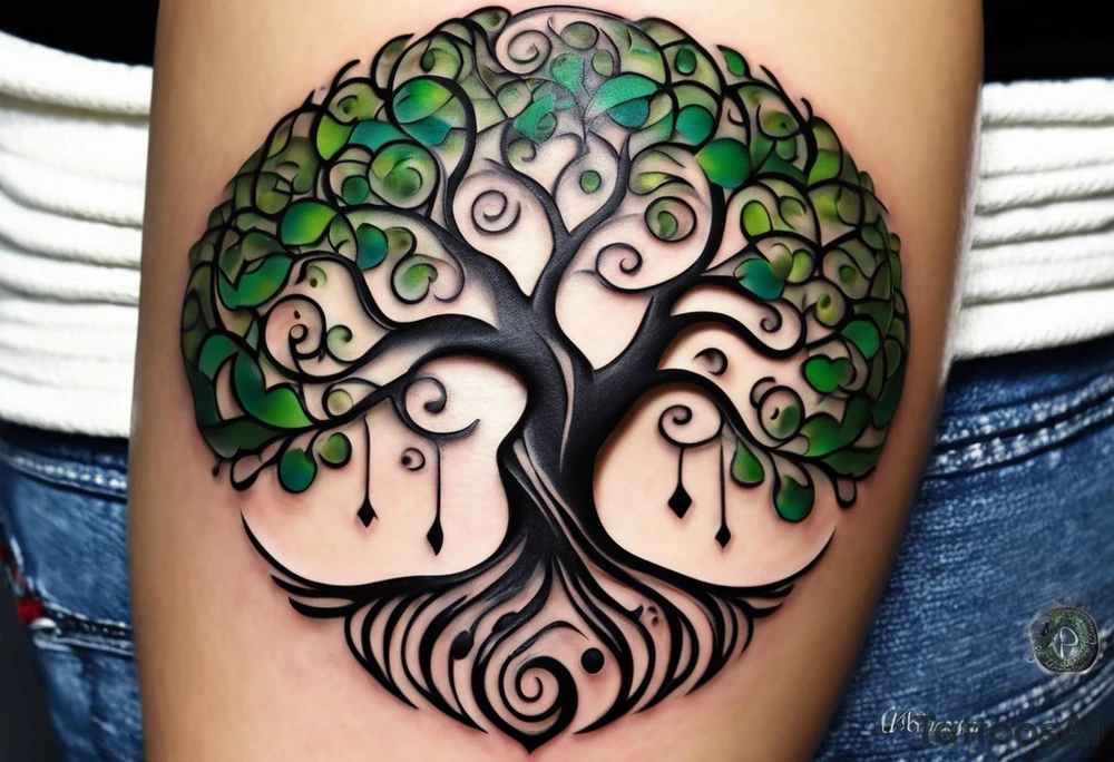 A tattoo design that incorporates the following elements: an abstract tree of life that has roots emerging  from the ground. Waves of water wrap around the tree in a non symmetrical design.  Incorporate musical notes into the tree. the letters U and A are overlapping and engraved into the tree. A golf flag incorporated but not prominent tattoo idea