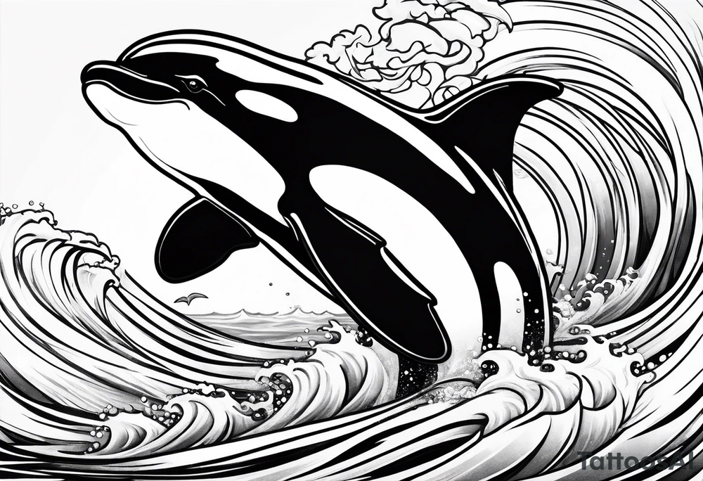 transient orca, Japanese realism, flowing, waves and kelp highlights tattoo idea
