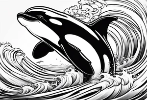 transient orca, Japanese realism, flowing, waves and kelp highlights tattoo idea
