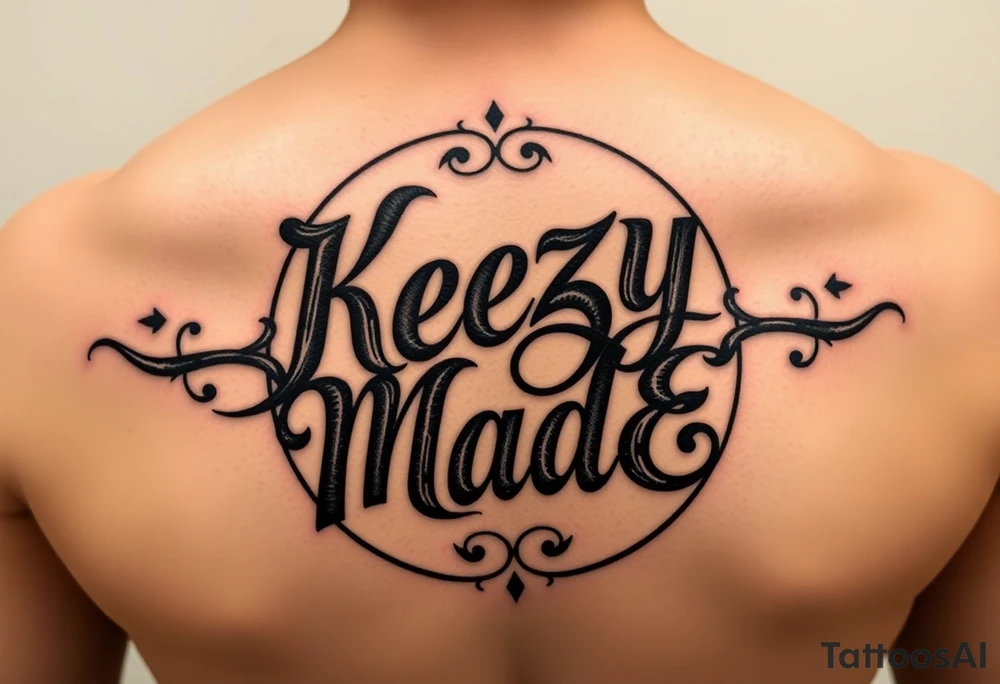 letters only fancy but rugged twisted and intertwined circular arched curvy lettering in a circular  forum that would be clothing brand style that says (KeezY MadE) almost like the the roca wear symbol clothing brand trademark tattoo idea