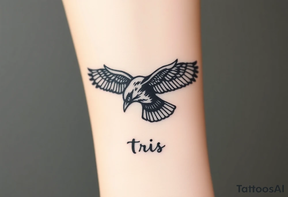 A detailed raven in mid-flight, wings spread wide with intricate feather patterns, symbolizing Tris’s journe and name TRIS tattoo idea