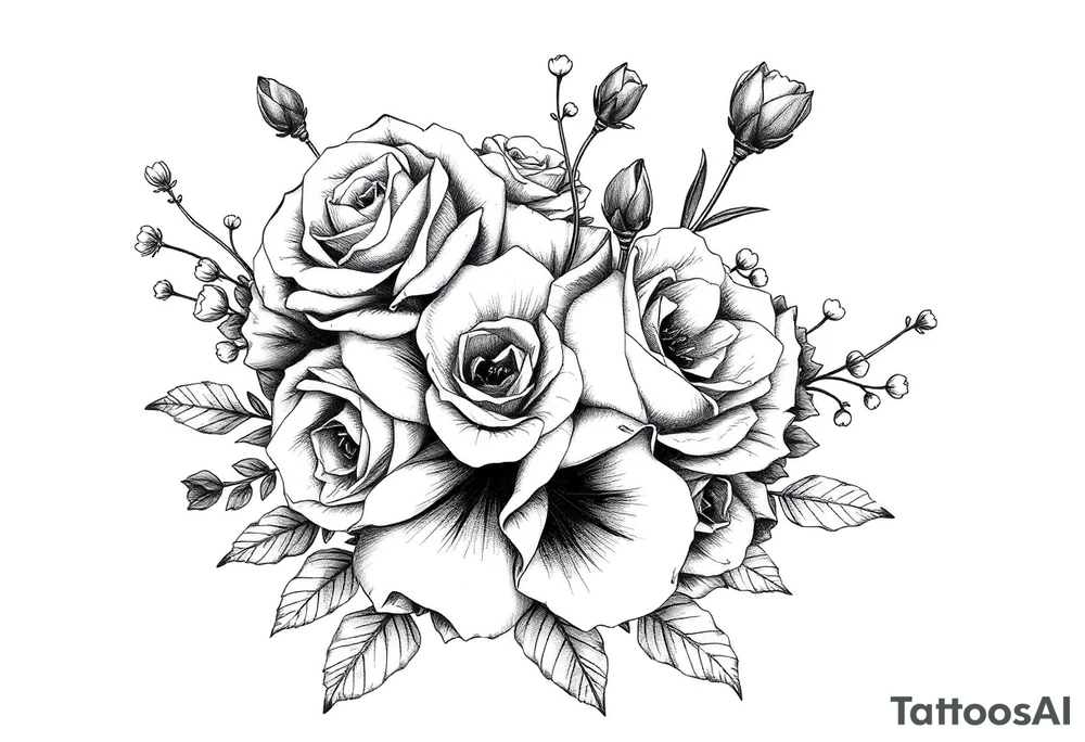 vintage bouquet of wild roses and meadow flowers with morning dew tattoo idea