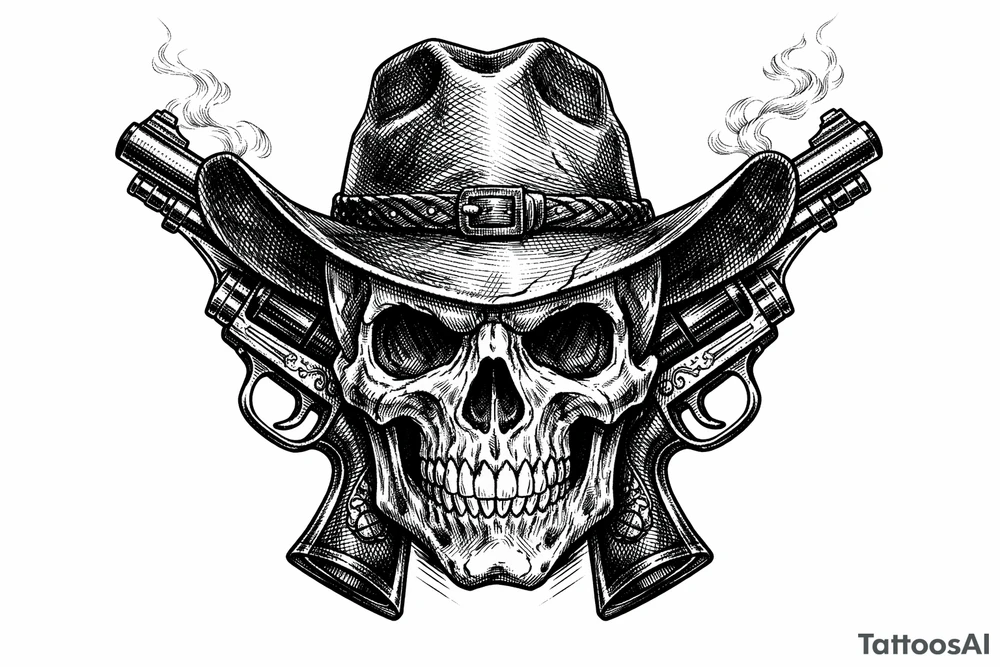 A skull with a cowboy hat, two pistols angled upwards, old-school engraving details. tattoo idea