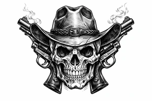 A skull with a cowboy hat, two pistols angled upwards, old-school engraving details. tattoo idea