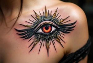 A crimson eye of Horus with black shading and golden rays extending outward. tattoo idea