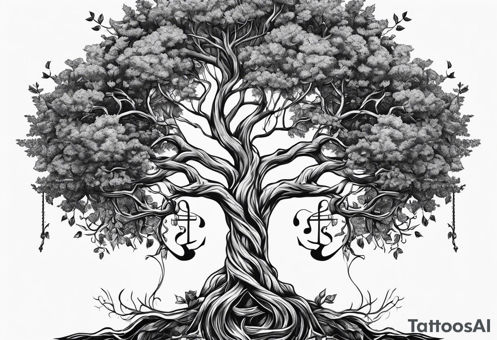 tree with guitar neck as trunk and roots are an anchor tattoo idea