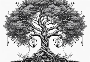 tree with guitar neck as trunk and roots are an anchor tattoo idea
