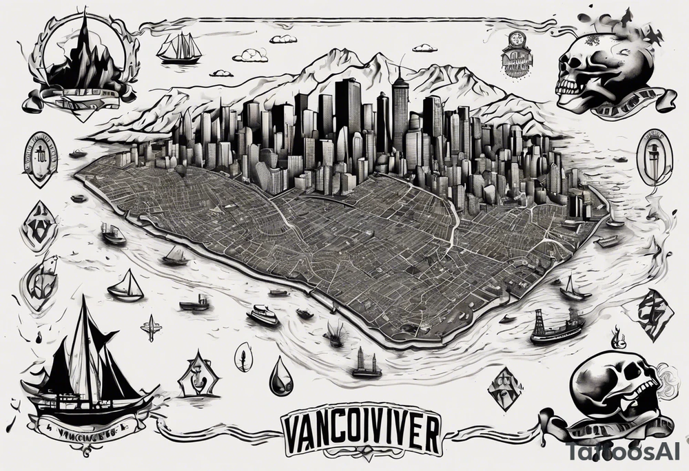A overview old school map of vancouver B.C with water drop staining and a skull tattoo idea