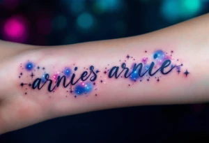 A galaxy-style tattoo with deep purples and blues, spelling out the son's name Arnie in constellation form. tattoo idea