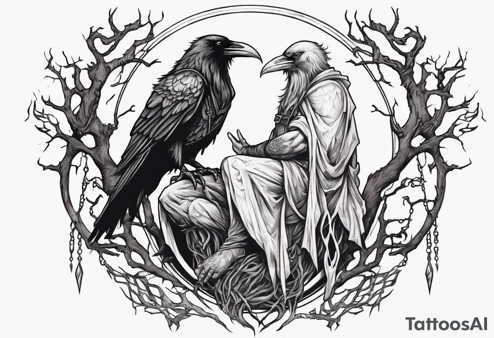 odin ravens sitting on yggdrasil tattoo idea