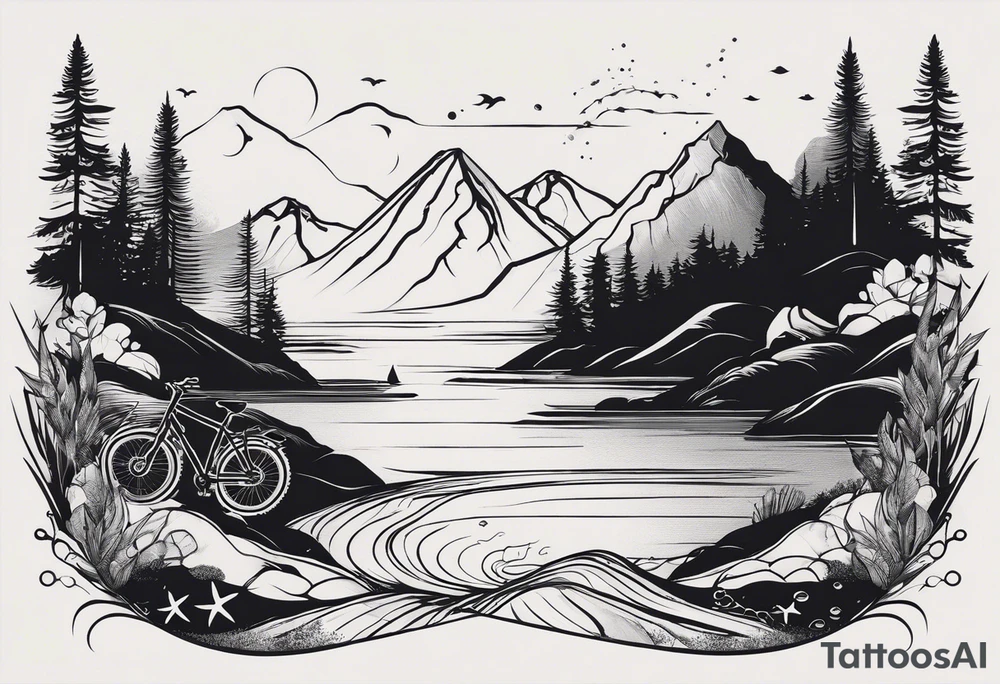 This is a minimalistic tattoo that is split into 2 sections; a top half and a bottom half. The top half is a mountain in Norway with a mountain bike trail winding down the mountain. The bottom half of the tattoo depicts an underwater scene featuring water, and sea life. tattoo idea