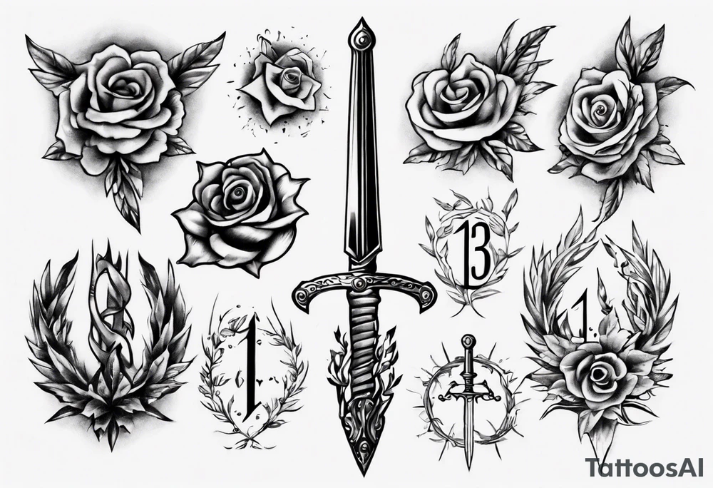 tattoo uses all the following details - the number 13, a sword, a laurel leaf wreath, and amor fati. tattoo idea