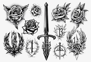 tattoo uses all the following details - the number 13, a sword, a laurel leaf wreath, and amor fati. tattoo idea