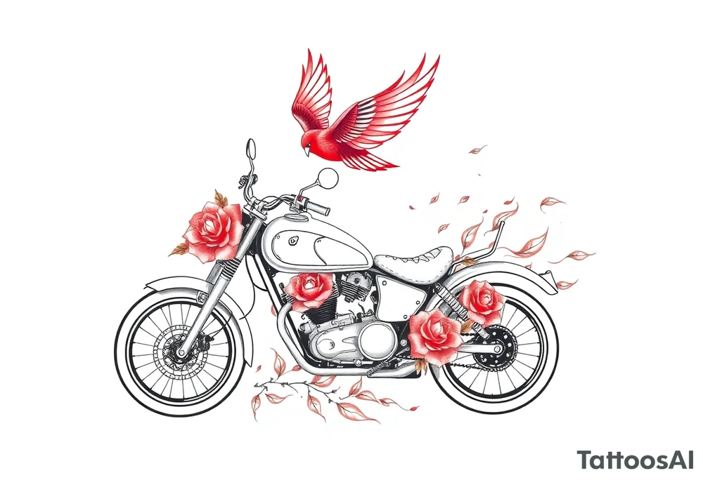 Motorcycle, red bird flying, roses and lace, flames tattoo idea