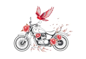 Motorcycle, red bird flying, roses and lace, flames tattoo idea