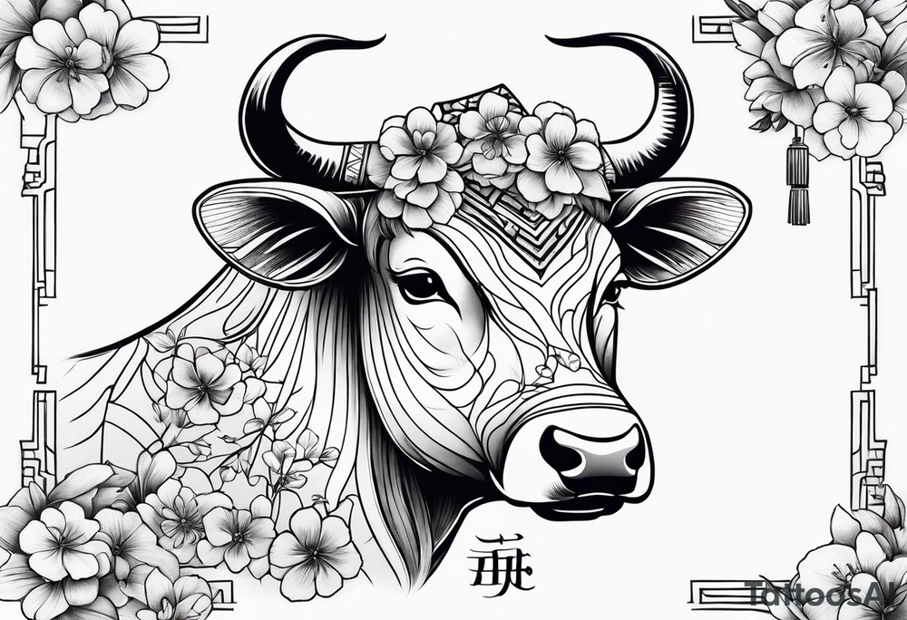 ox with sakura flowers and geisha tattoo idea