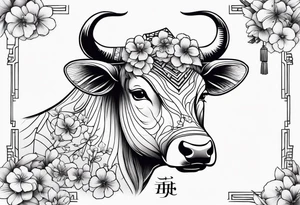 ox with sakura flowers and geisha tattoo idea