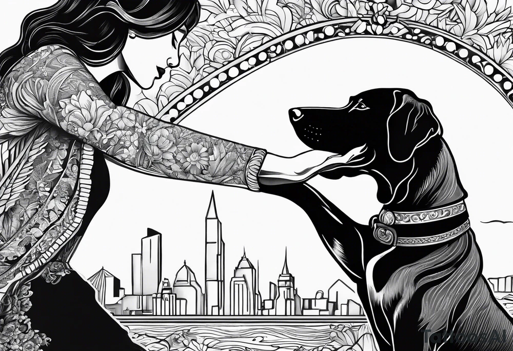 female dog reaching for hand of woman facing backwords tattoo idea