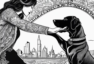 female dog reaching for hand of woman facing backwords tattoo idea