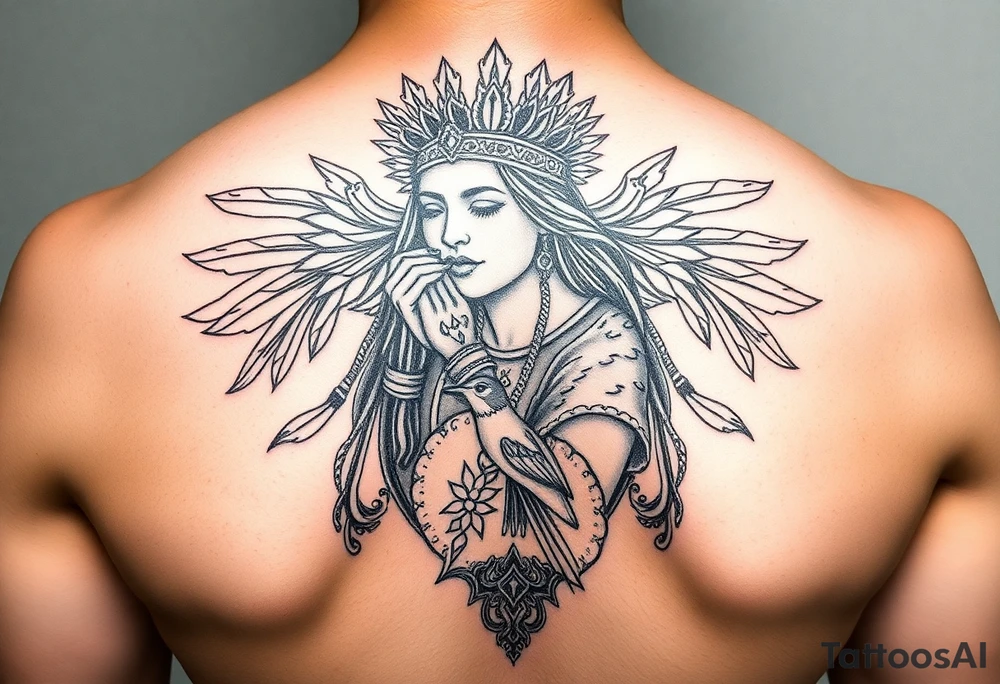 Purepecha princess surrounded by purepecha symbols with hidden hummingbird tattoo idea