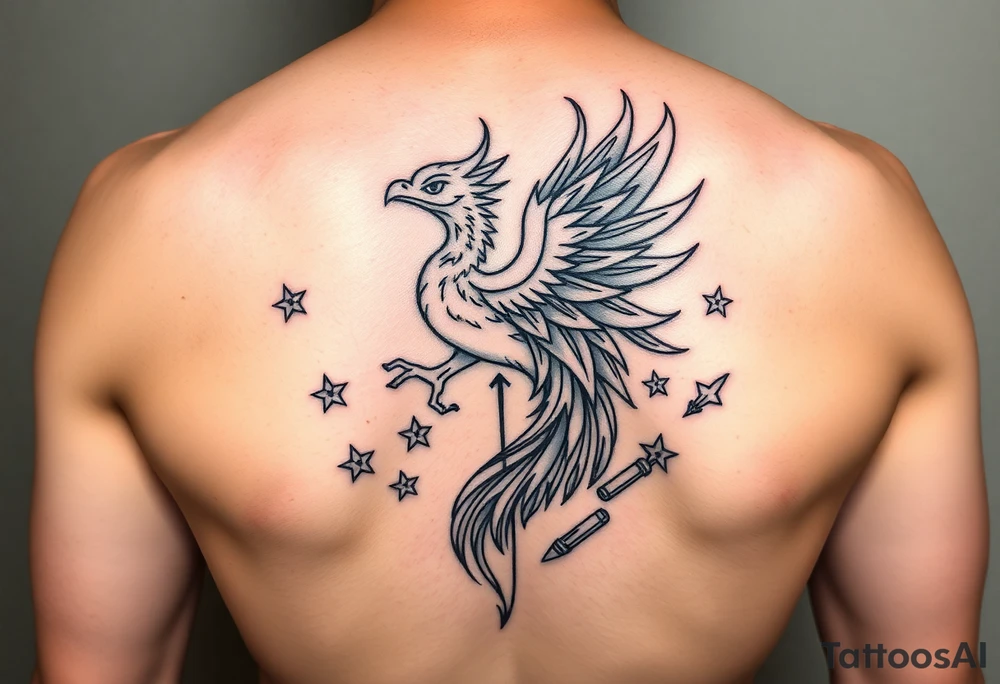 Phoenix rising from flames, surrounded by ninja stars and ballistic missiles, semicolon integrated into the design, fine line black ink, minimalist but dramatic but dainty tattoo idea