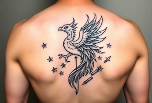 Phoenix rising from flames, surrounded by ninja stars and ballistic missiles, semicolon integrated into the design, fine line black ink, minimalist but dramatic but dainty tattoo idea