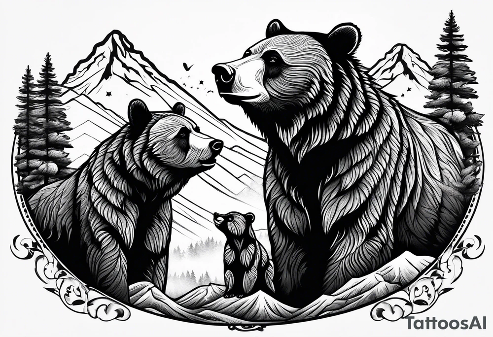 mamma bear and cub with mountains tattoo idea