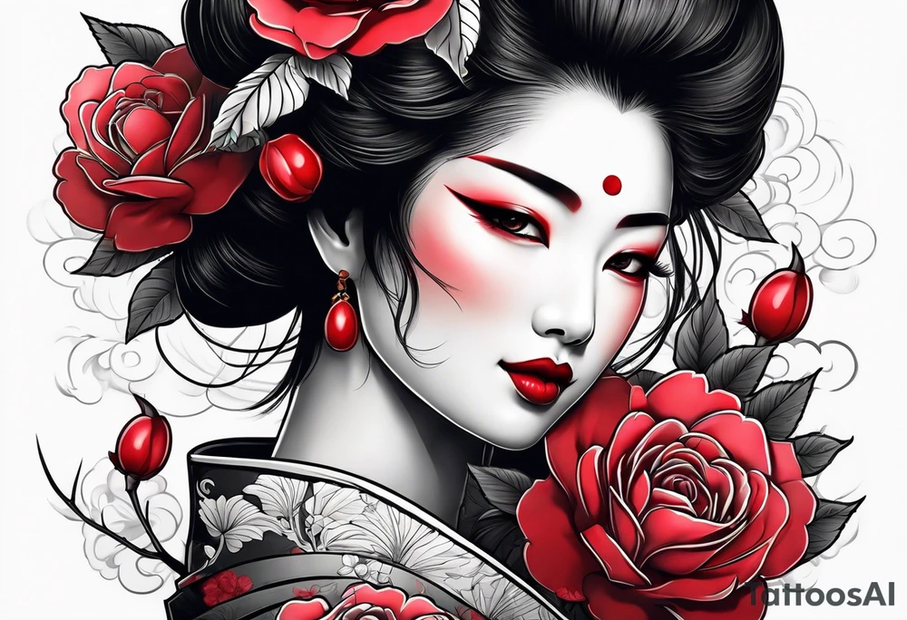 Geisha holding a colored roses under a cherry tree tattoo idea Geisha holding a colored roses under a cherry tree tattoo idea