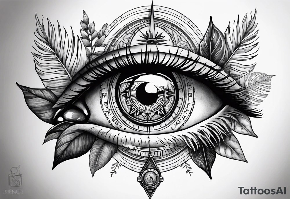 arm, jungle plants, compass, all-seeing eye tattoo idea