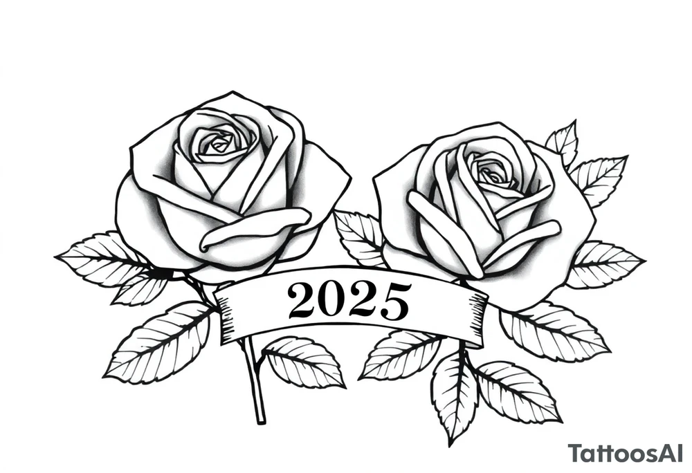 two beautiful large rose buds, one larger than the other, with lots and lots of leaves next to the rose buds, with one sitting slightly higher than the other, side-by-side.  Include a banner connecting the two roses with the year 2025 on it.   Use dark outlines with little shading. No stems tattoo idea
