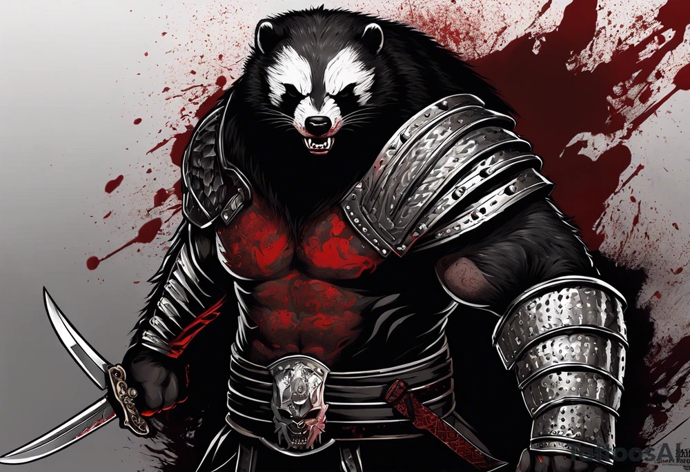 Draw me psychopath Honey Badger/Berserker with aggressive full body, killer face with a scary smile, very long nails and he attacks like a Bloody Assassin/Warrior/Gladiator to us and also, he has very deadly looking. He fights with his nails only. Everybody scares after their first sight. Give me horror type Badger Tattoo. I want to see his Realistic full body with no weapons. You can show destruction at the back. tattoo idea