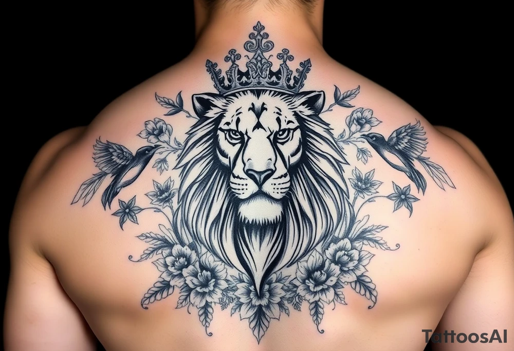 powerful majestic lion with a crown, surrounded by floral ornaments and birds tattoo idea