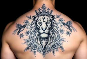 powerful majestic lion with a crown, surrounded by floral ornaments and birds tattoo idea