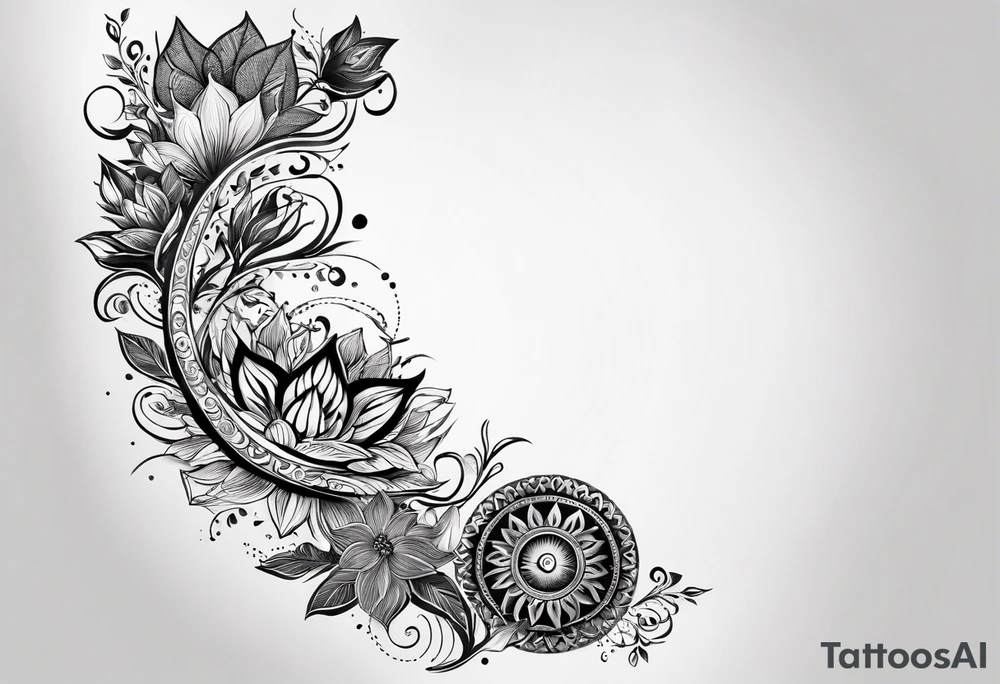 Spiritual forearm sleeve tattoo centred around the Sanskrit symbol for breathe tattoo idea