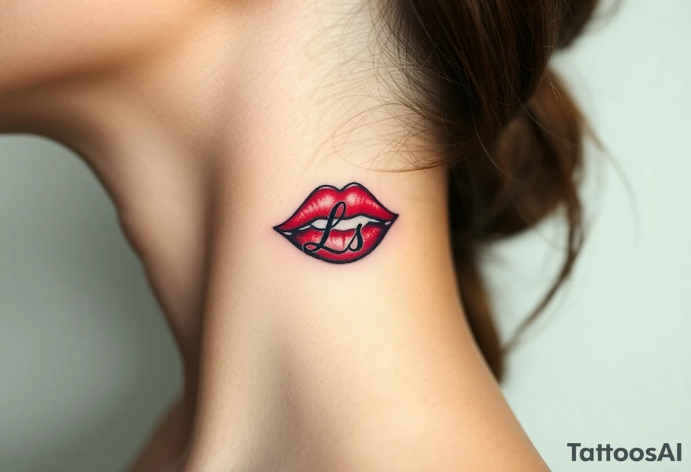 Stain from lipstick kiss with initial lowercase lrs tattoo idea