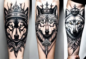 Create a vision of arm tattoo sleeve with combination of sword, crown, tree and three wolves to represent clients family roots tattoo idea