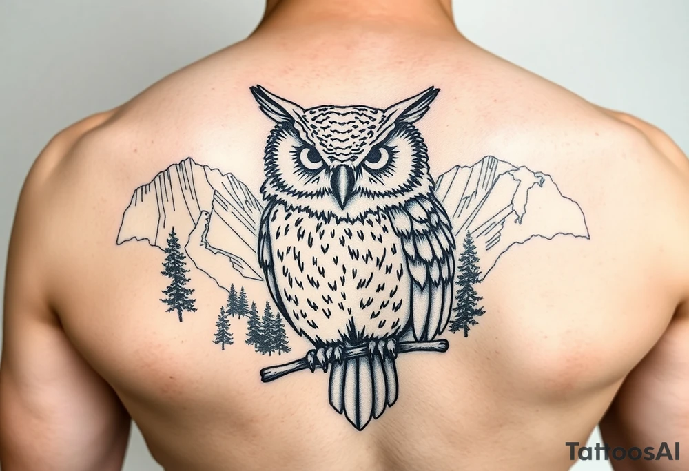 Owl with background of yosemite black fine line tattoo tattoo idea