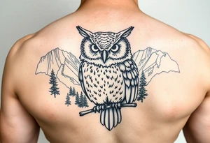 Owl with background of yosemite black fine line tattoo tattoo idea