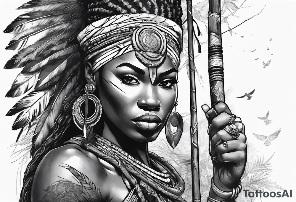 African woman warrior holding spear in action with earrings. Tribe marks on her face and tree Branch brids and lion in the background tattoo idea